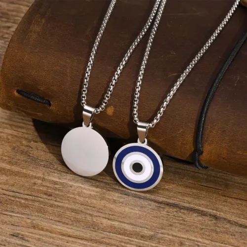 NTM492 Devil's Eye Round Tag Pendant Chic Stainless Steel Necklace in Steel Color