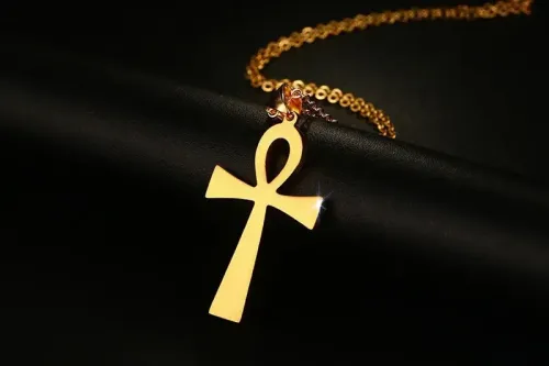 NTM511 42.7MM Rhinestone Ankh Cross Pendant Stainless Steel Couple's Necklace