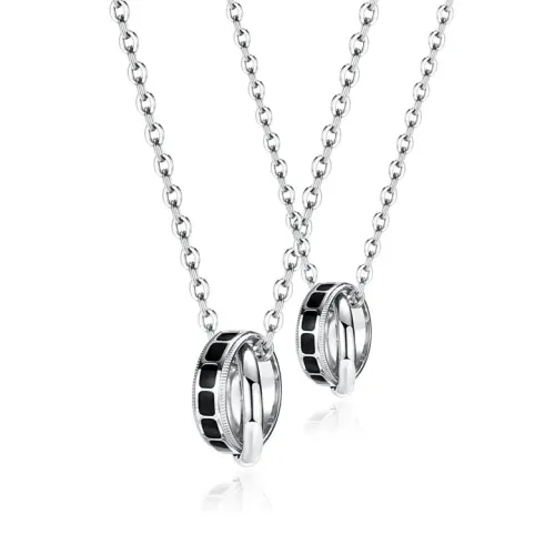 NTM127 Double Ring Couple's Pendant Necklace Stainless Steel Long Drop Design