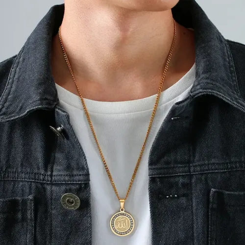 NTM555 Gold Oval Zircon Ala Pendant Chic Stainless Steel Round Necklace Jewelry