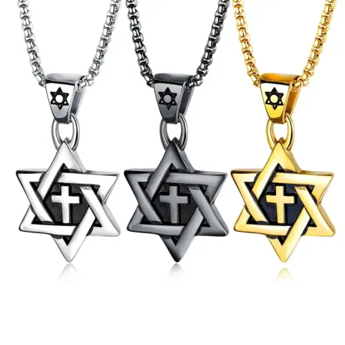 NTM185 Men's Titanium Steel Cross Necklace Hexagram Star Pendant Jewelry