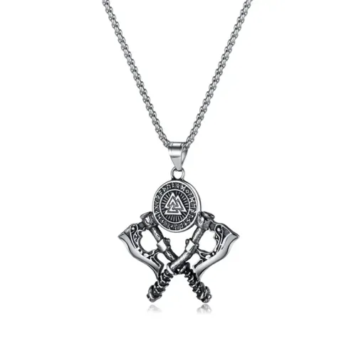 NTM99 Stainless Steel Viking Warrior Necklace Odin Rune Double Ax Pendant for Men