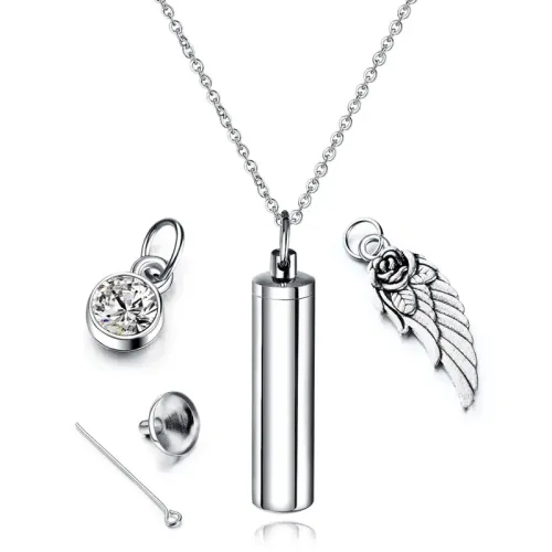 NTM117 Unisex Memorial Pet Ashes Necklace Titanium Steel Cylindrical Pendant with Wings Zircon