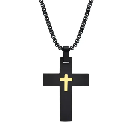 NTM344 Men's Black Stainless Steel Small Cross Pendant Necklace Sleek Religious Jewelry