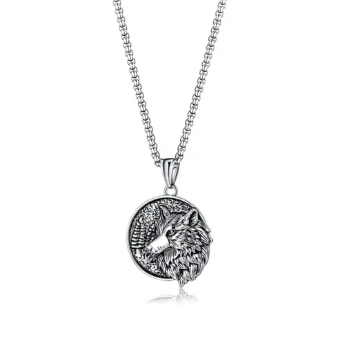 NTM49 Wolf Head Pendant Viking Titanium Steel Men's Necklace with Round Brand