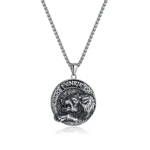 NTM106 Men's Viking Fenrir Wolf Compass Necklace Stainless Steel Norse Pendant