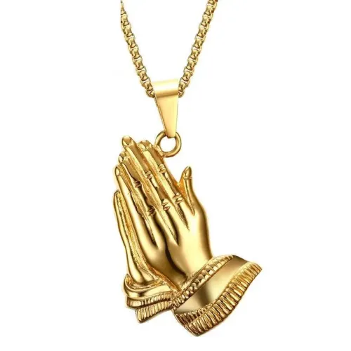 NTM616 Gold Buddha Hand Pendant Men's Titanium Steel Prayer Necklace