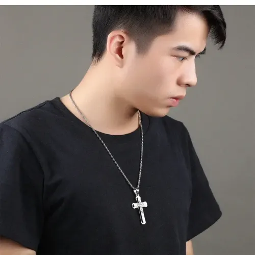 NTM208 Diamond-Set Cross Long Pendant Titanium Steel Men's Necklace with Engraving