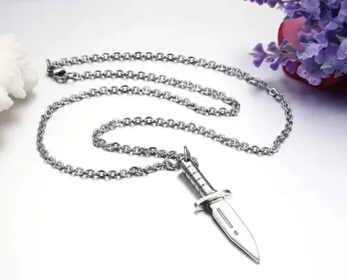 NTM218 White Titanium Steel Dagger Pendant Necklace Sleek Men's Pure Steel Chain