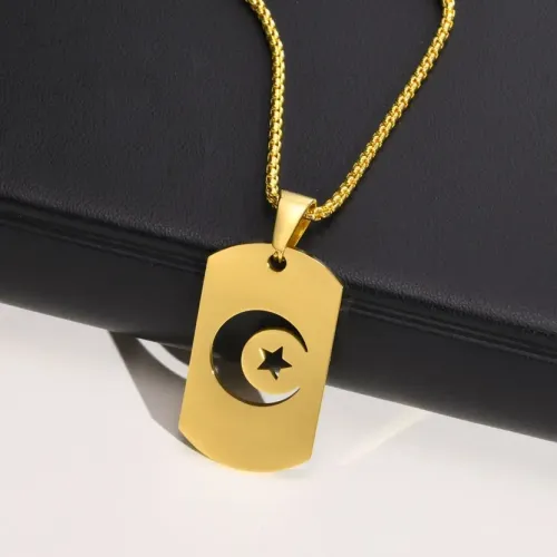 NTM306 Men's Gold Star Moon Tag Pendant Hollow Stainless Steel Necklace Jewelry