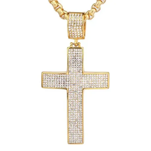 NTM691 Diamond-Encrusted Stainless Steel Cross Pendant Luxe Noble Necklace