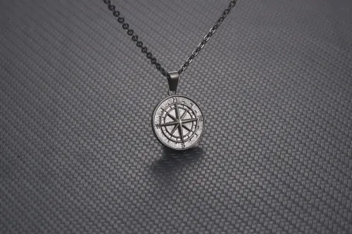 NTM873 Men's Titanium Steel Compass Coin Pendant Nautical Stainless Necklace