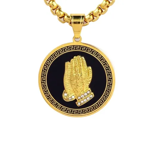 NTM642 Diamond-Set Praying Buddha Hand Pendant Round Titanium Steel Memorial Key