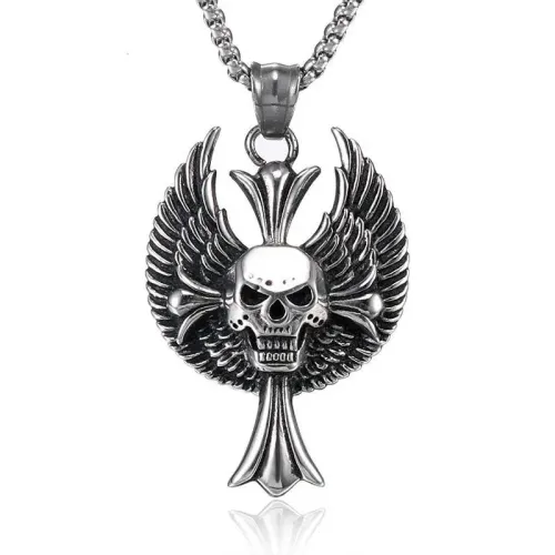 NTM765 Men's Winged Skull Pendant Titanium Steel Stainless Necklace Jewelry