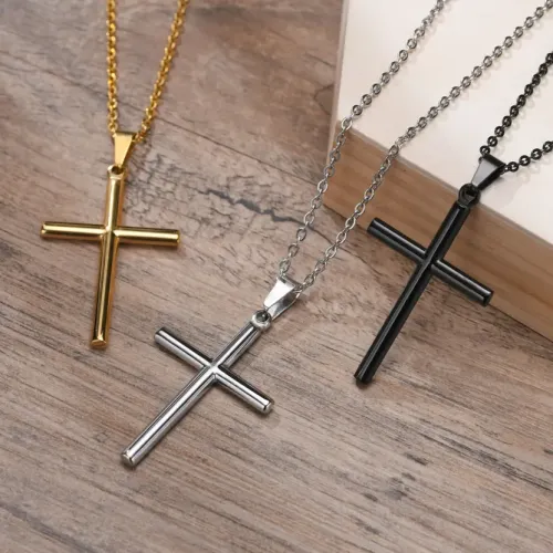 NTM632 Men's Black Gold Stainless Steel Cross Pendant Necklace by Shengfeng Jewelry