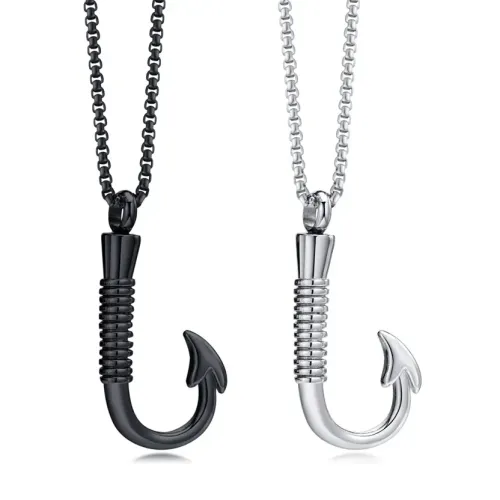 NTM546 Men's Titanium Fish Hook Urn Necklace Stainless Steel Memorial Pendant