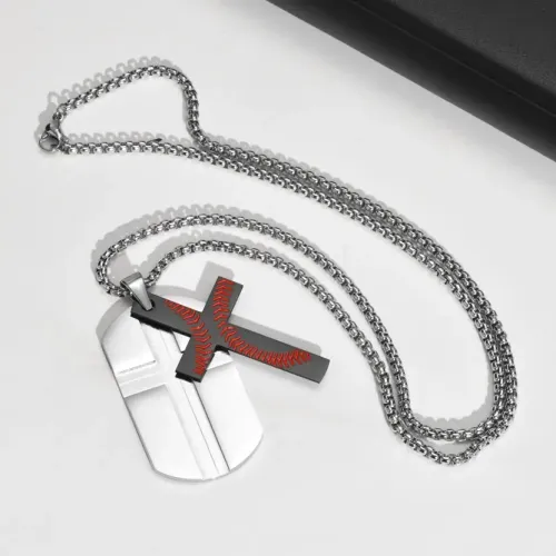 NTM259 Men's Baseball Cross Dog Tag Necklace Stainless Steel Sports Pendant