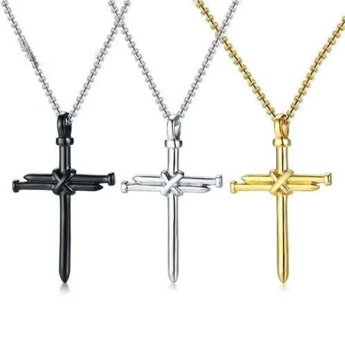 NTM430 Tri-Color Nail Cross Pendant Men's Gold Silver Black Stainless Steel Necklace