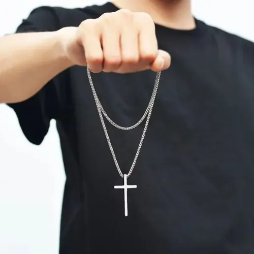 NTM395 Men's Metal Alloy Cross Pendant Stainless Steel Sweater Chain Necklace