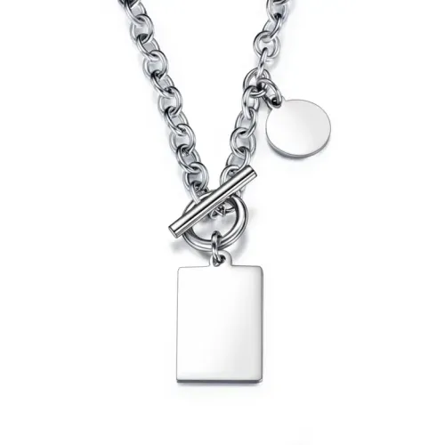 NTM90 Men's Titanium Steel Geometric Square Tag Pendant Glossy Disc Necklace