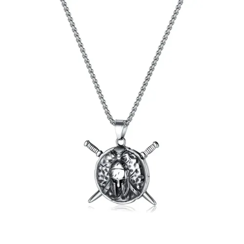 NTM95 Stainless Steel Men's Spartan Helmet Dual Swords Pendant Punk Necklace