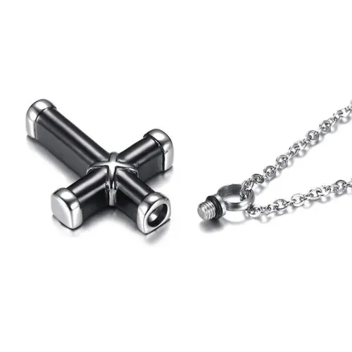 NTM298 Unisex Black Stainless Steel Cross Urn Pendant Necklace Memorial Jewelry