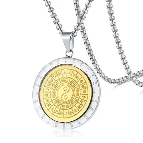 NTM277 360° Rotatable Totem Bagua Pendant in Gold Steel Men's Titanium Charm