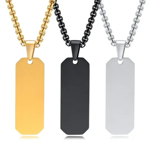 NTM379 Men's Stainless Steel J Tag Blank Pendant Beveled Edge Rectangular Necklace