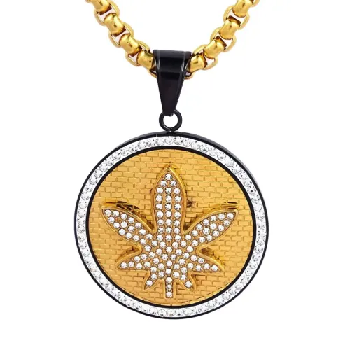 NTM654 Hip-Hop 18K Gold Maple Leaf Titanium Steel Pendant Large Disc Necklace Key Accessory