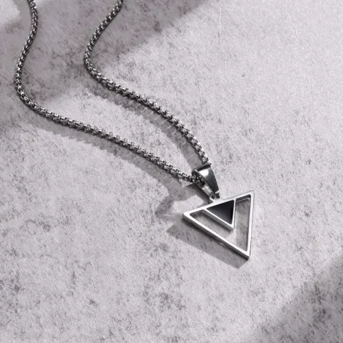 NTM470 Silver Triangular Geometric Pendant Blackened Oil Stainless Steel Necklace