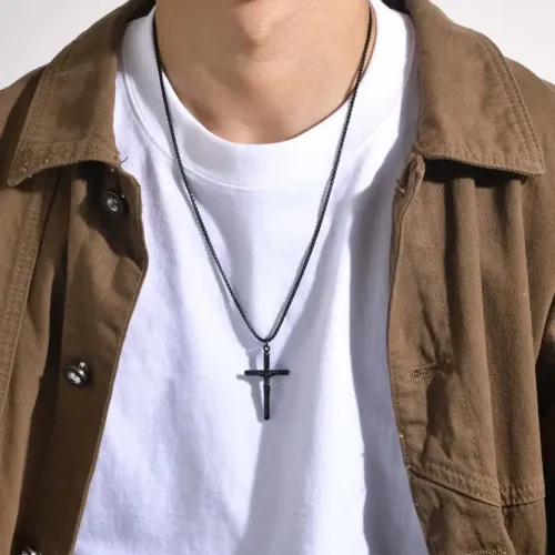NTM486 Black Gold Titanium Cross Necklace Men's Stainless Steel Religious Jewelry