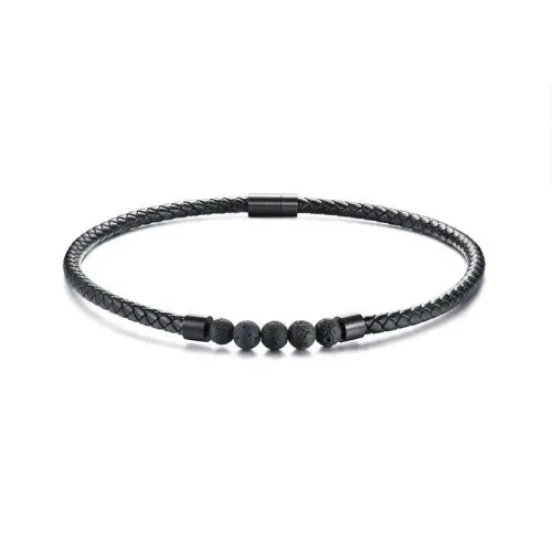 NTM598 Black Volcanic Stone Leather Collar with Stainless Steel Magnetic Clasp
