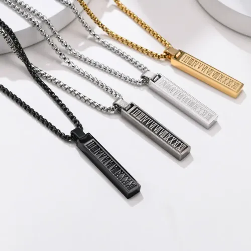 NTM547 Men's Black Stainless Steel Roman Numeral Bar Pendant Geometric Full Light Necklace