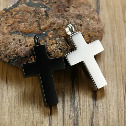 NTM267 Black Stainless Steel Cross Urn Pendant Openable Blank Memorial Necklace