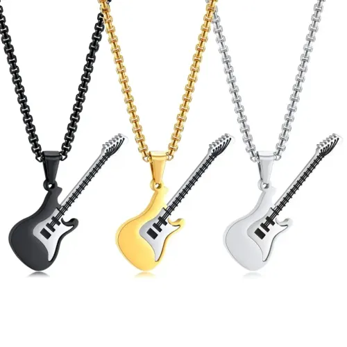 NTM387 Men's Hip Hop Guitar Pendant Necklace Titanium Stainless Steel Jewelry