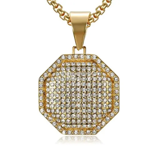 NTM683 Gold-Plated Square Octagonal Rhinestone Pendant Titanium Stainless Steel Necklace