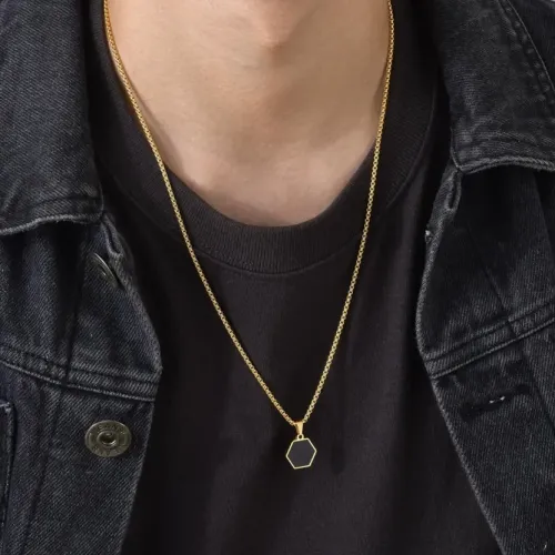 NTM437 Men's Gold Hexagon Necklace Geometric Stainless Steel Pendant Jewelry
