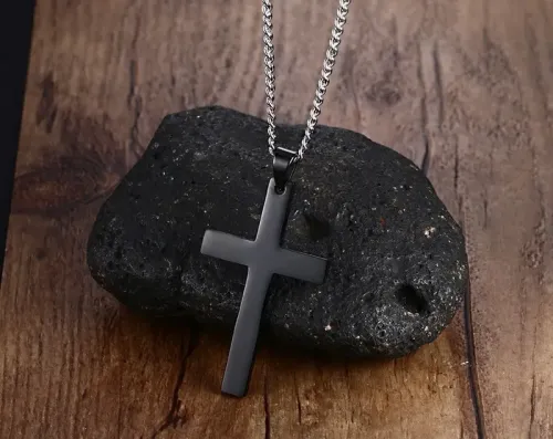 NTM304 Gold-Tone Stainless Steel Cross Pendant Black Sweatshirt Chain Necklace for Men