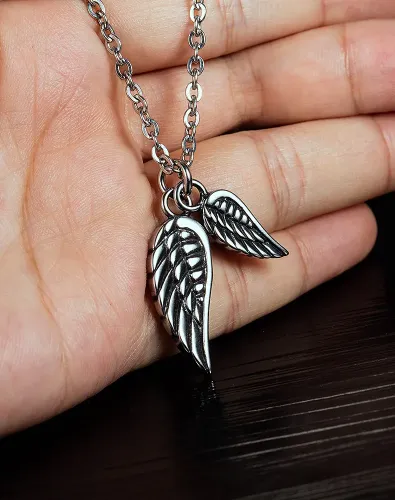 NTM211 Hip Hop Men's Feather Necklace Titanium Steel Angel Wings Pendant