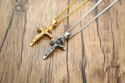 NTM285 Gold-Tone Stainless Steel Cross Pendant Men's Necklace Bulk Jewelry