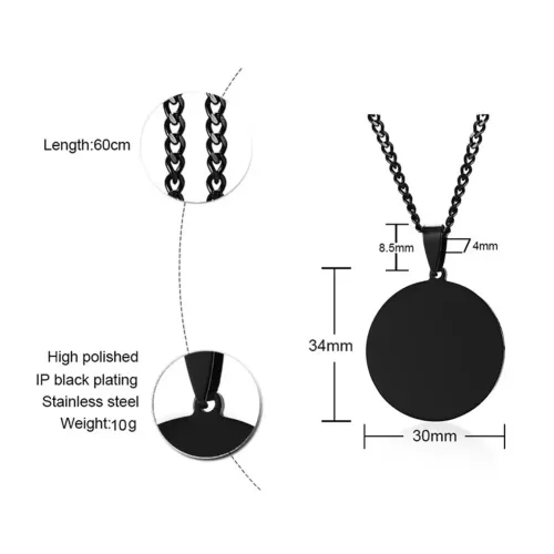 NTM624 Black Stainless Steel Laser-Cut Round Plate Necklace Men's Blank Pendant
