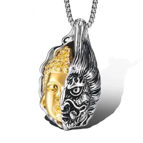 NTM835 Half Buddha Demon Pendant Men's Titanium Stainless Steel Necklace