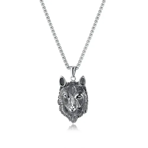 NTM55 Men's Wolf Head Pendant Necklace Punk Titanium Steel Jewelry