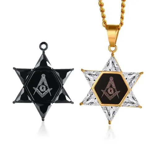 NTM534 34.7MM Black Gold Masonic Hexagram Pendant Stainless Steel Zircon Jewelry