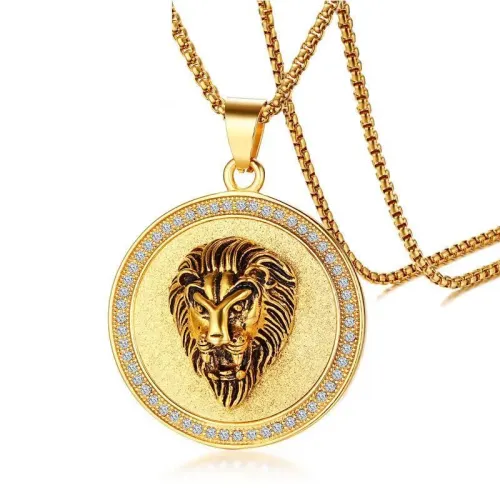 NTM609 Gold Lion Head Pendant Necklace with Rhinestones Stainless Steel Jewelry