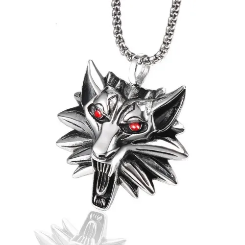 NTM833 Red Eye Wolf Head Pendant Men's Punk Titanium Steel Necklace Jewelry