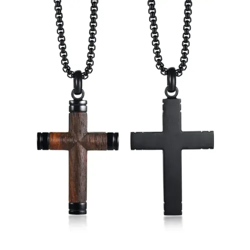 NTM351 Men's Titanium Steel Cross Pendant Pear Wood Inlay Necklace Jewelry