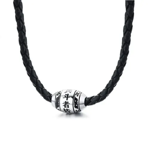 NTM549 Men's Nine-Character Mantra Pendant Chinese Style Stainless Steel Necklace with Black Rope