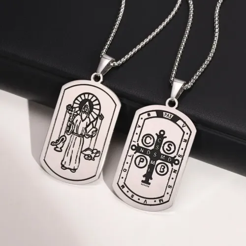 NTM333 St. Benedict Tag Necklace Smooth Stainless Steel Corrosion-Resistant Jewelry