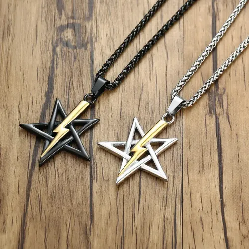 NTM320 Stainless Steel Pentagram Lightning Pendant Hip Hop Necklace Jewelry